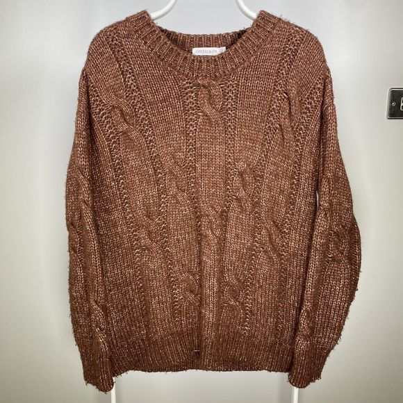 Sweaters - Celtic & Co Cable Knit Crewneck Jumper Chunky Aran 100% Merino Wool Brown Medium